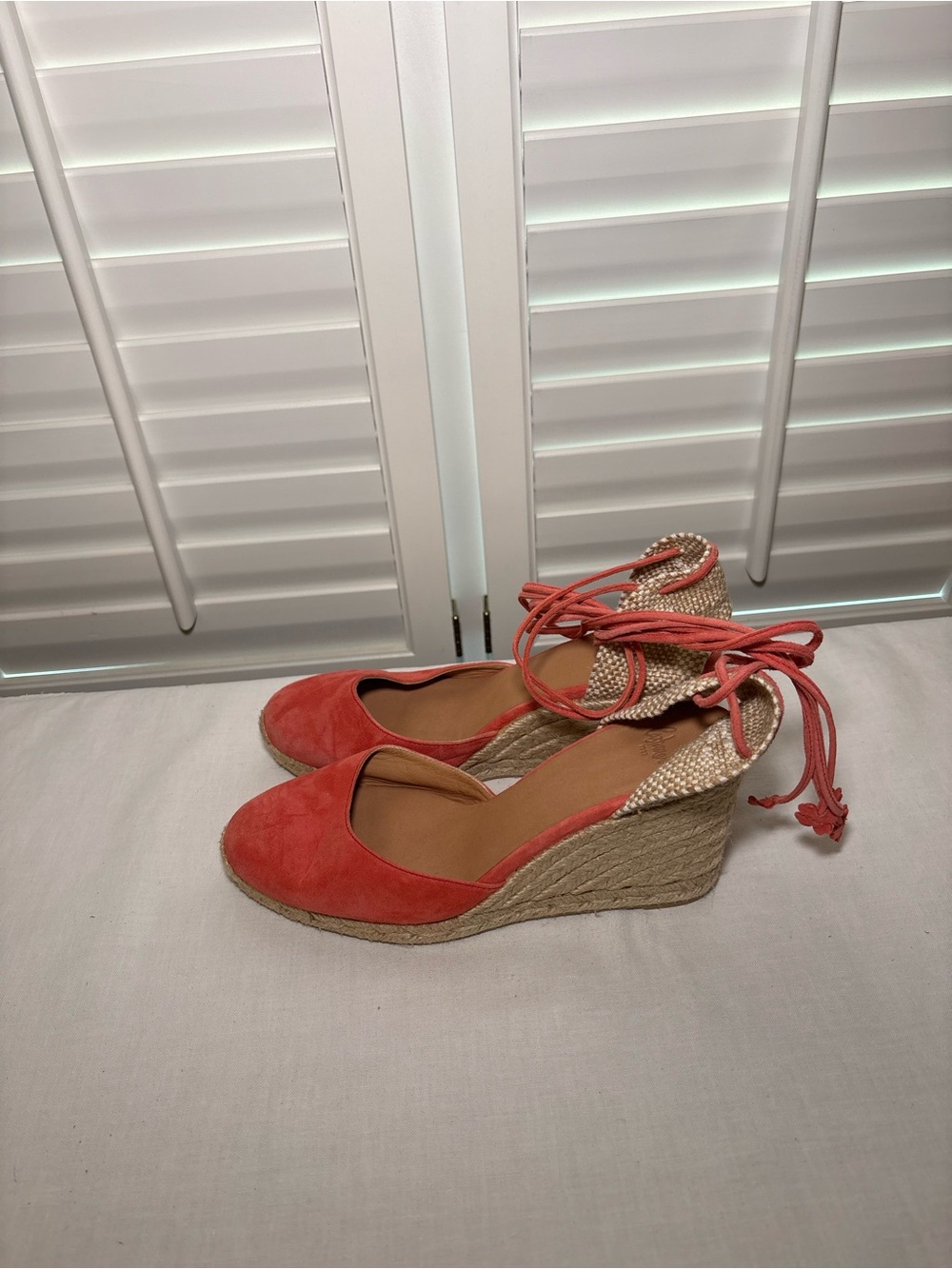 Castaner Coral Suede Espadrille Wedge Sandals with Ankle Tie